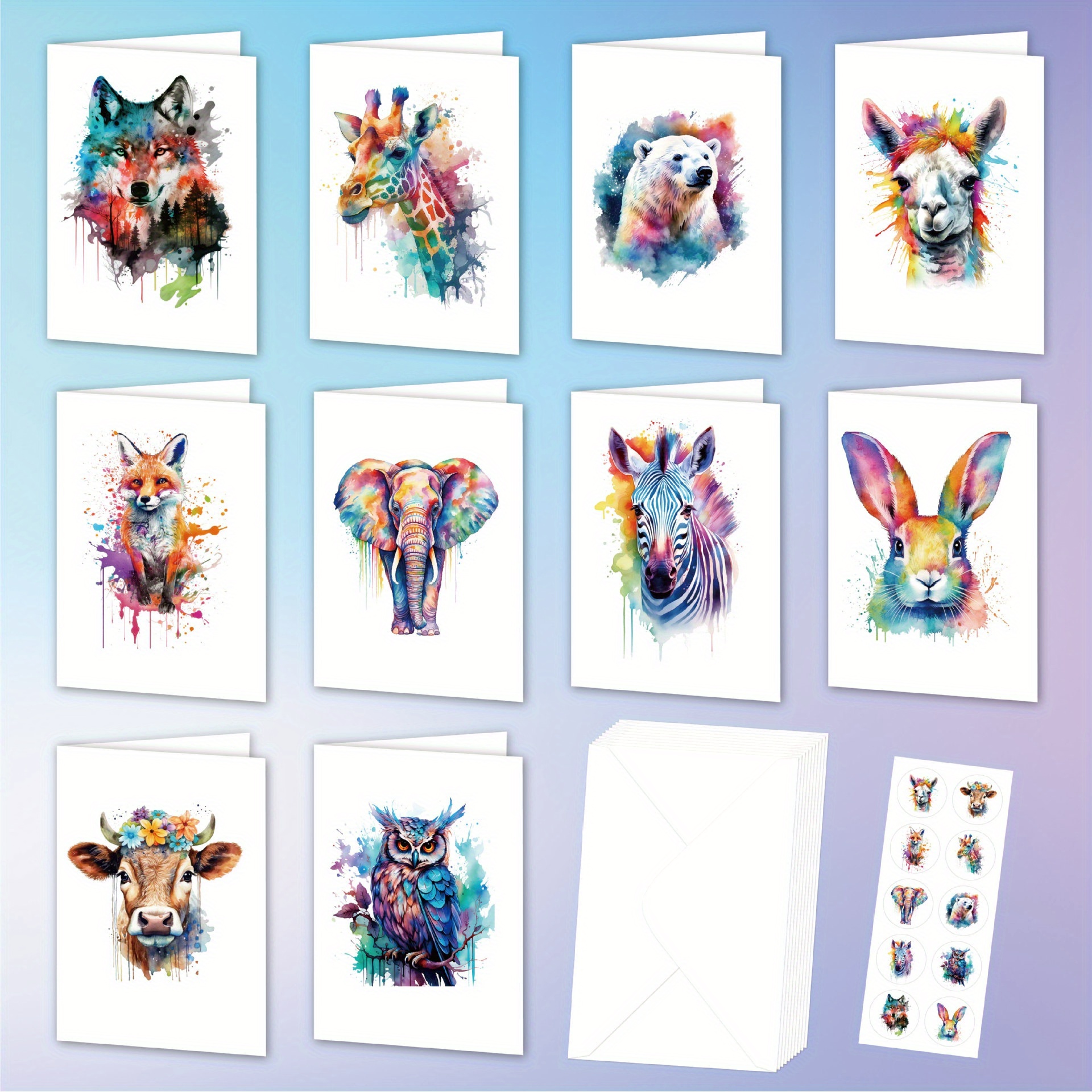 

Cartes de vœux animales aquarelle : Vides, écrites à la main, avec des autocollants de scellage et 10 enveloppes - Idéales pour toutes les occasions