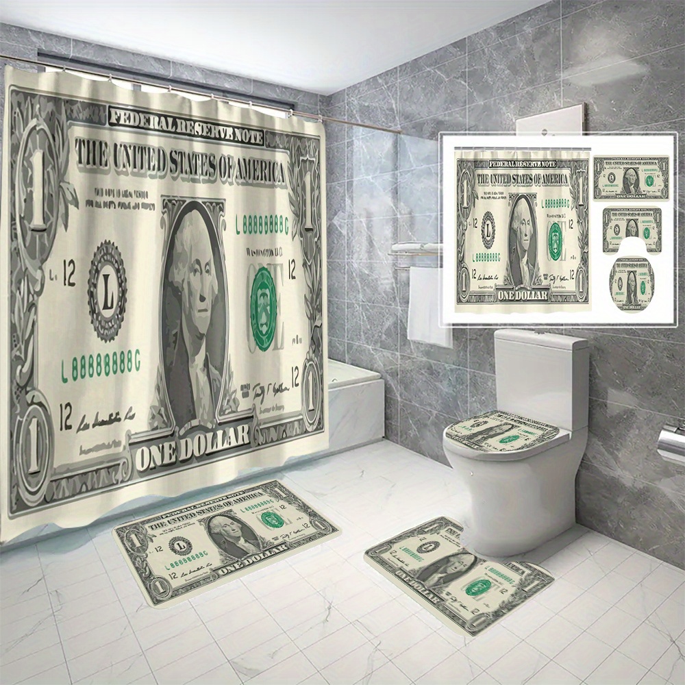 

4pcs Us Dollar Bill Print Polyester Shower Curtain Set, Water-resistant Twill Weave, Mold-proof With Cartoon Pattern, Ocean Themed Bathroom Decor With Hooks, Machine Washable Woven Fabric