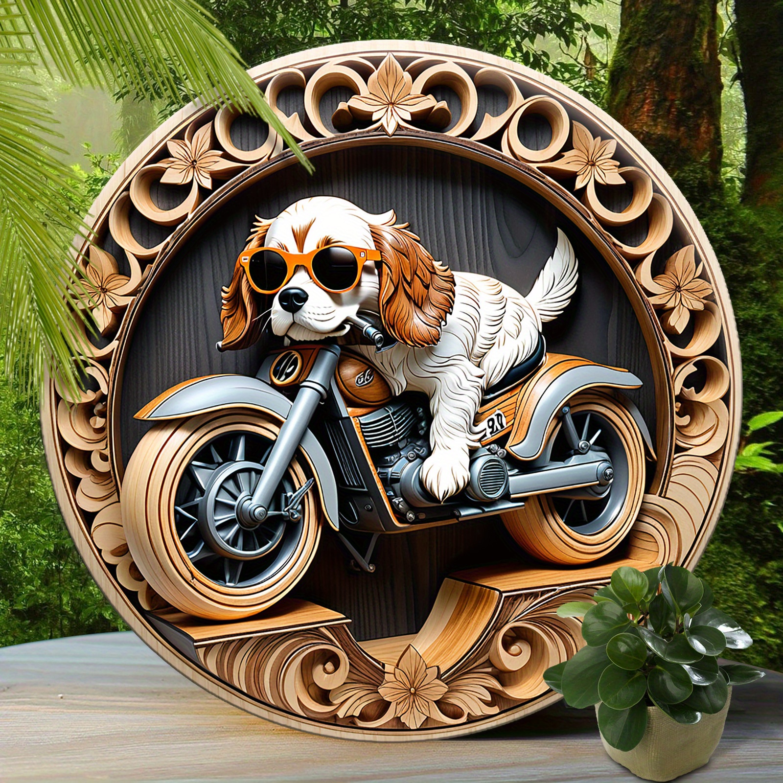 

Charles Spaniel Motorbike Rider - 8x8" Round Aluminum Wall Art, Chic Animal Decor For Living Room & Terrace, Perfect Holiday Gift