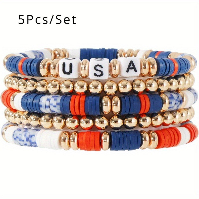 

5 Pcs Set Of Exquisite Colorful Usa Alphabet Beads Design Bracelet Vintage Elegant Style For Women Independence Day Bracelet