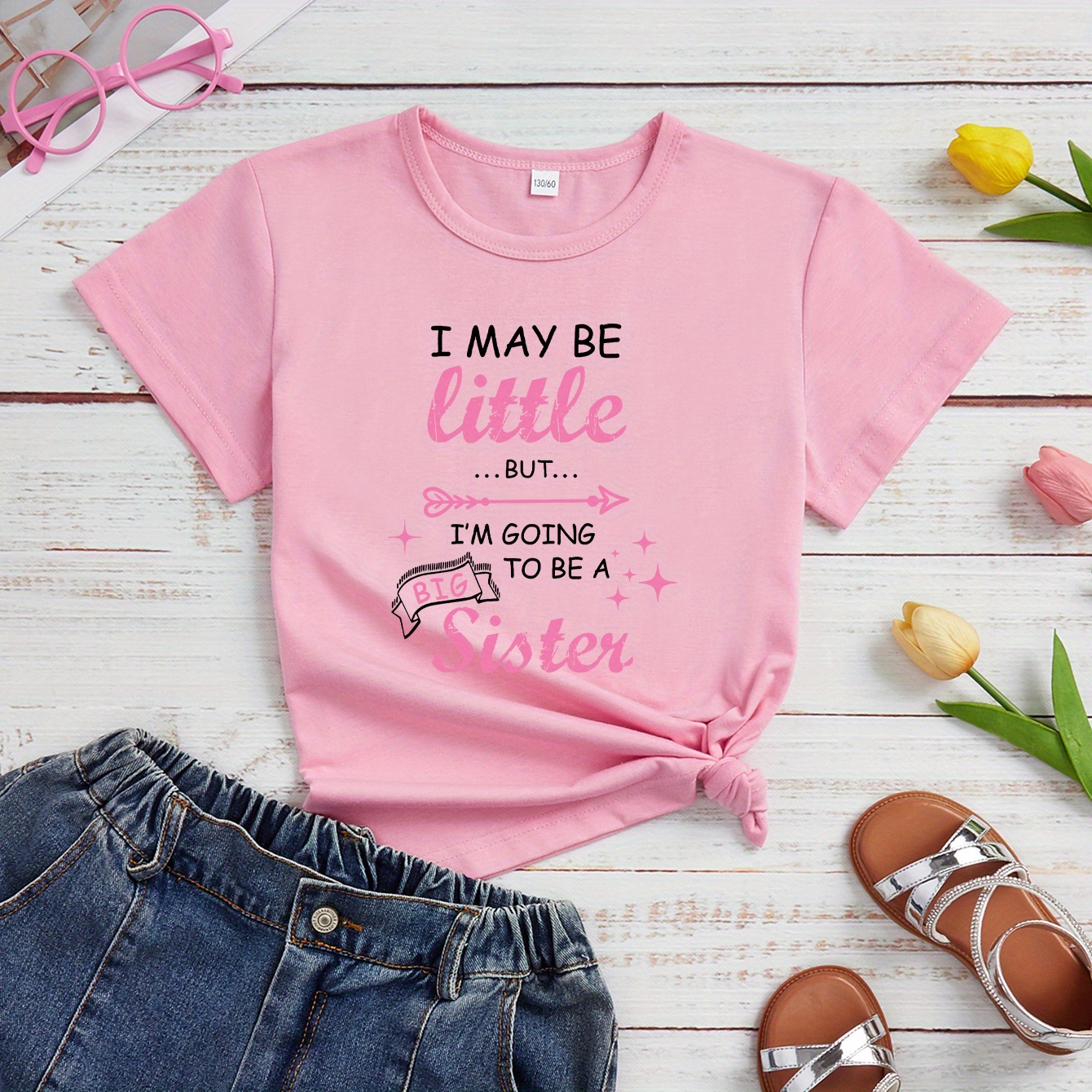 

i May Be Little But I'm Going To Be A Big Sister" Print T-shirt, Short Sleeve Crew Neck Casual Top For Summer & Spring, Girl's Clothing