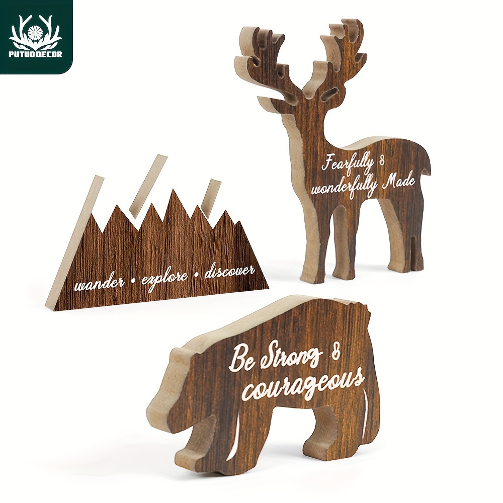 

Putuo Decor 3pc Wild Animal Table Decorations, Bear Deer Mountain Wood Table Decor For Home Office Cafe Coffee Shop Fireplace Gifts