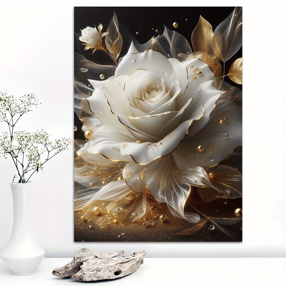 

3d Floral Wall Art Canvas Print - Elegant Gold And White Flower Home Decor Poster - High Quality Canvas Artwork For Living Room, Bedroom, Office, Cafe - Ideal Gift For Flower Enthusiasts