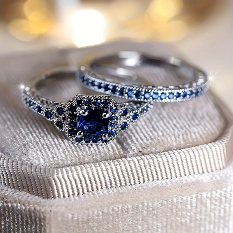 

2 Piece Elegant Stackable Ring Set, Classic Halo And Minimalist Ring With Dark Blue Cubic Zirconia, Women's Engagement/wedding Artificial Gemstones