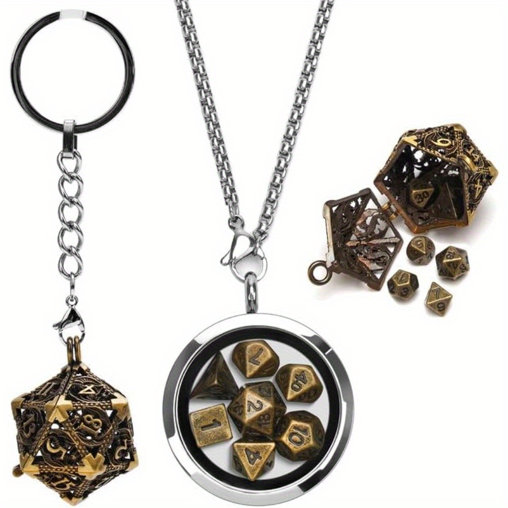 

Mini Metal Dice Set With Portable Hollow D20 Dice Keychaincase And Floating Locket Necklace For Role Playing Game