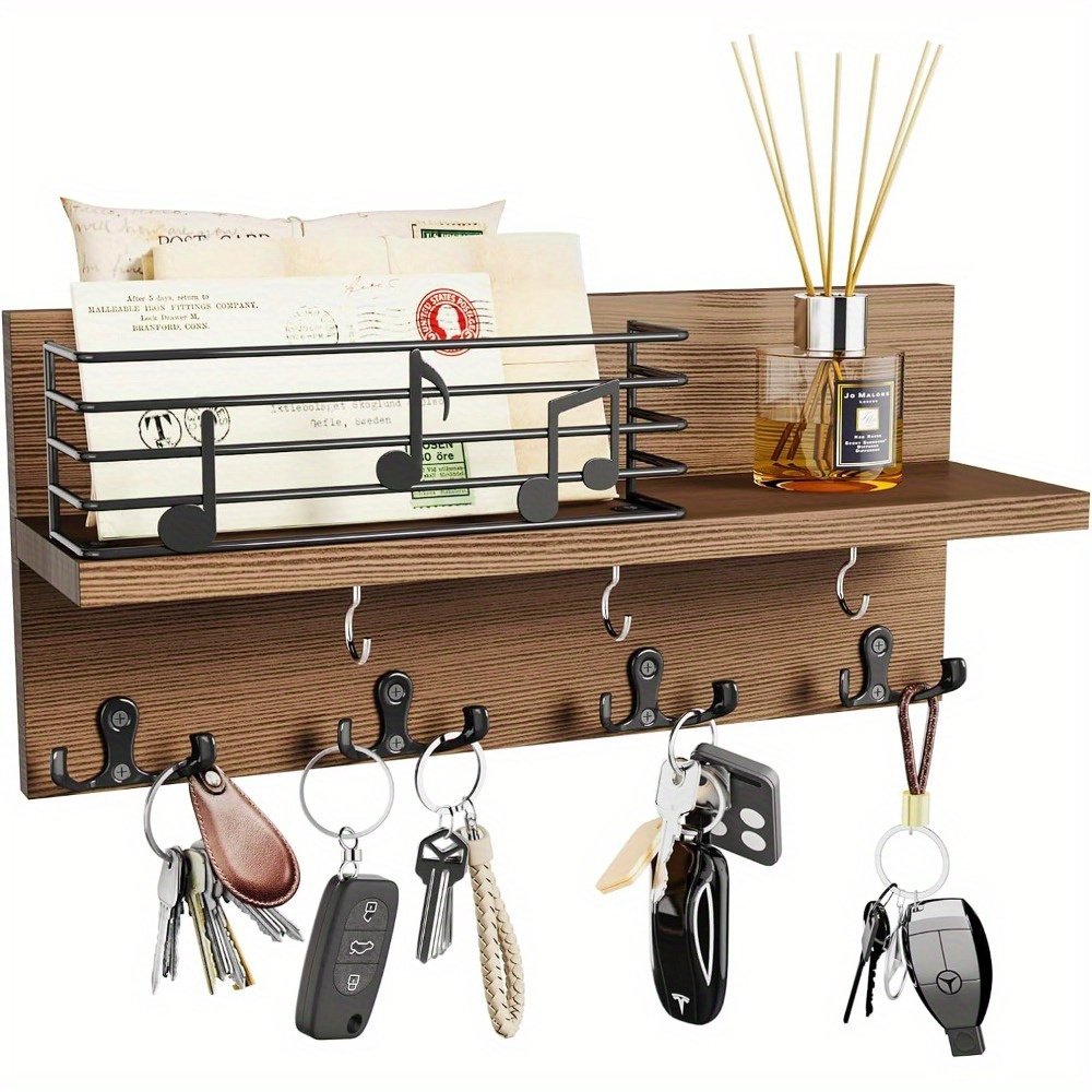 

Key Rack With 7 Key Hooks, Key Holder Wall Mount With Note Fence Decoration, Wood Mail Organizer For Glass, Hat, Coat Storage, Key Hanger For Wall For Entryway, Hallway, Bedroom, Office