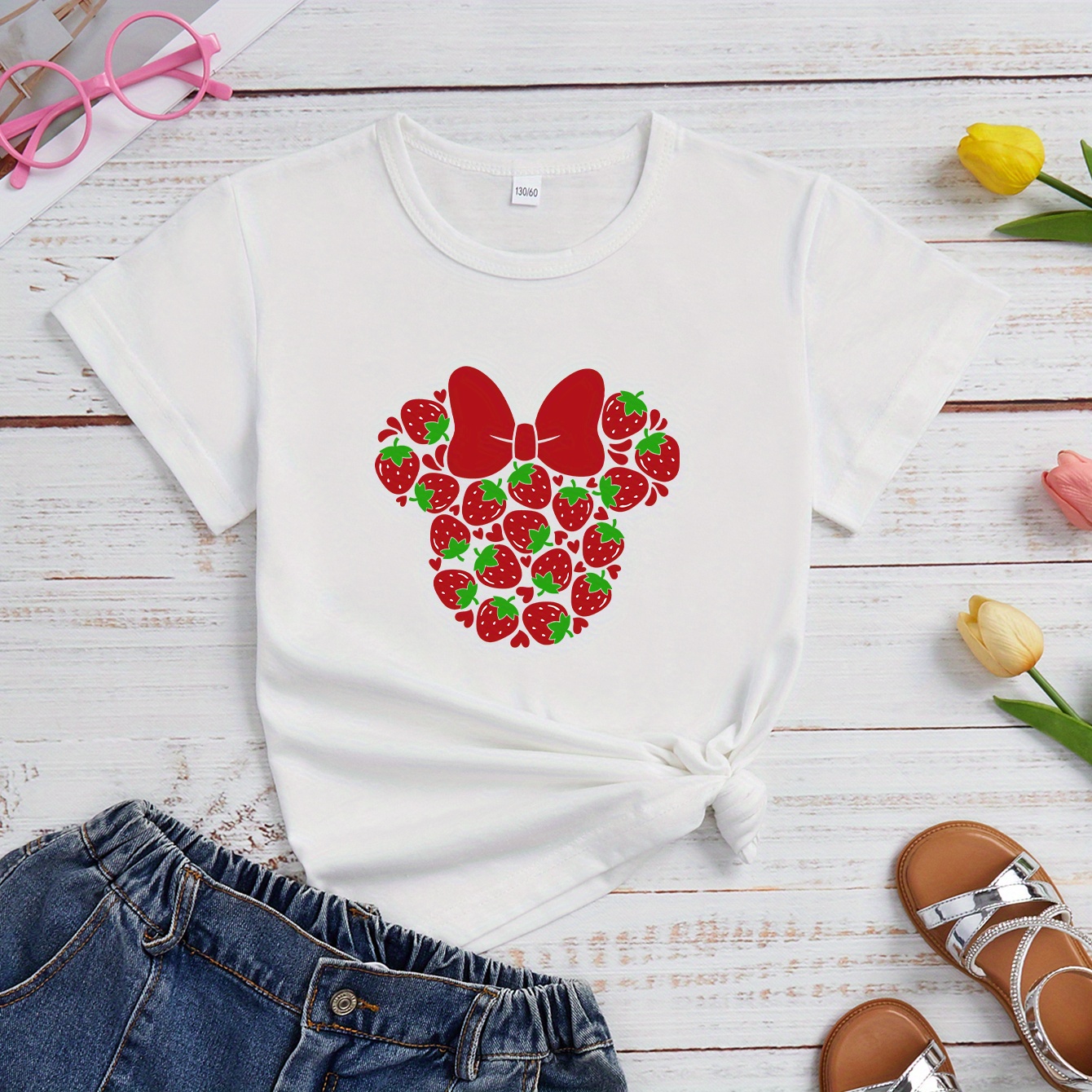 

Strawberry Mouse Head Print T-shirt, Short Sleeve Crew Neck Casual Top For Summer & Spring, Girl's Clothing