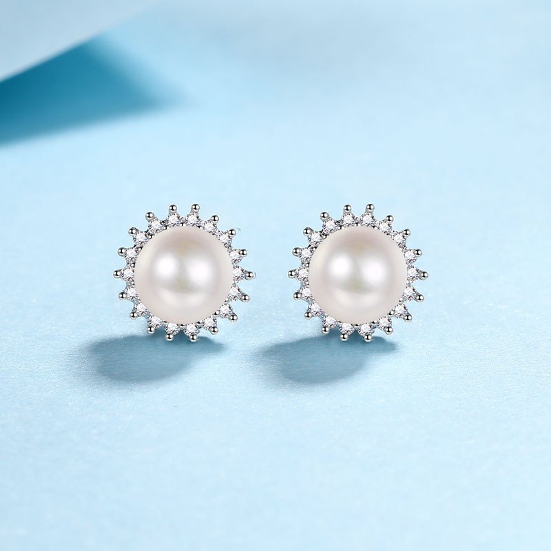 Image of Earrings Feature 925 Sterling Silver, With 0.21 Carat Moissanite And Freshwater Pearls In A Sunflower Design, Perfect For Daily Use, Special Occasions, Vacations