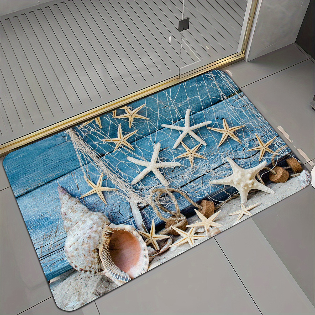 TEMU Beach Starfish Printed Non-slip Bath Mat, 1cm Thick Absorbent Floor Carpet For Bathroom, Shower Basin Foot Mat, Home And Bathroom Decor