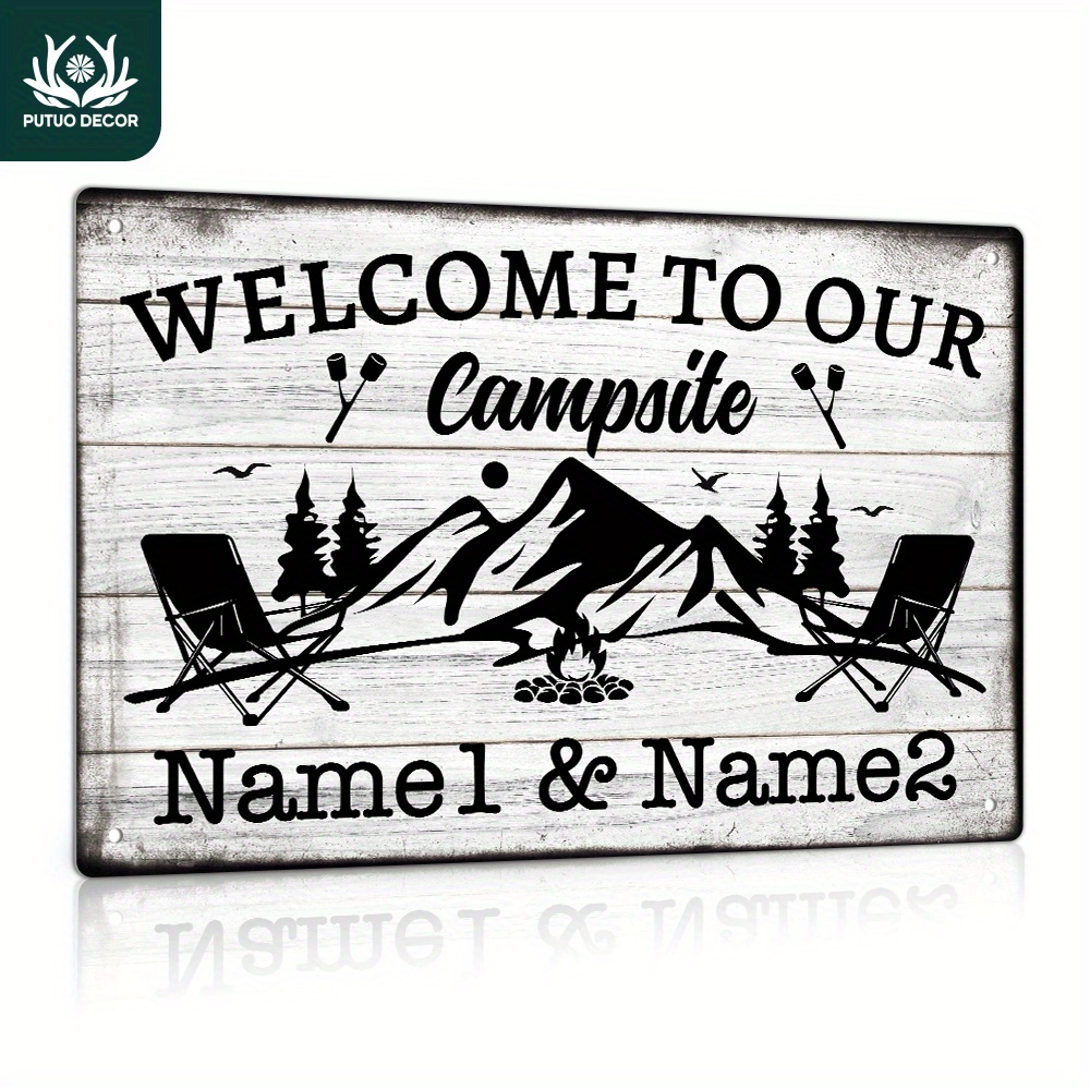 

Custom Welcome To Our Metal Tin Sign - Personalized Names 1 & 2, Vintage Wall Art For Home, Farmhouse, Campground Decor - Perfect Gift For