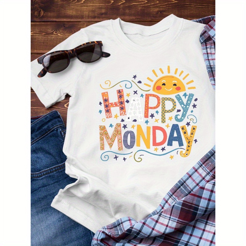 

Happy Monday Creative Print, Men's Casual Round Neck Cotton T-shirt, Simplistic Style, Comfortable Fit For Everyday Wear