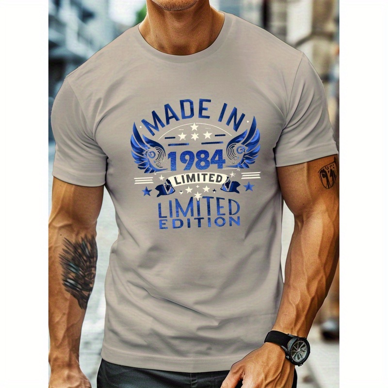 

Made In 1984 Print Short Sleeved T-shirt, Casual Comfy Versatile Tee Top, Men's Everyday Spring/summer Clothing