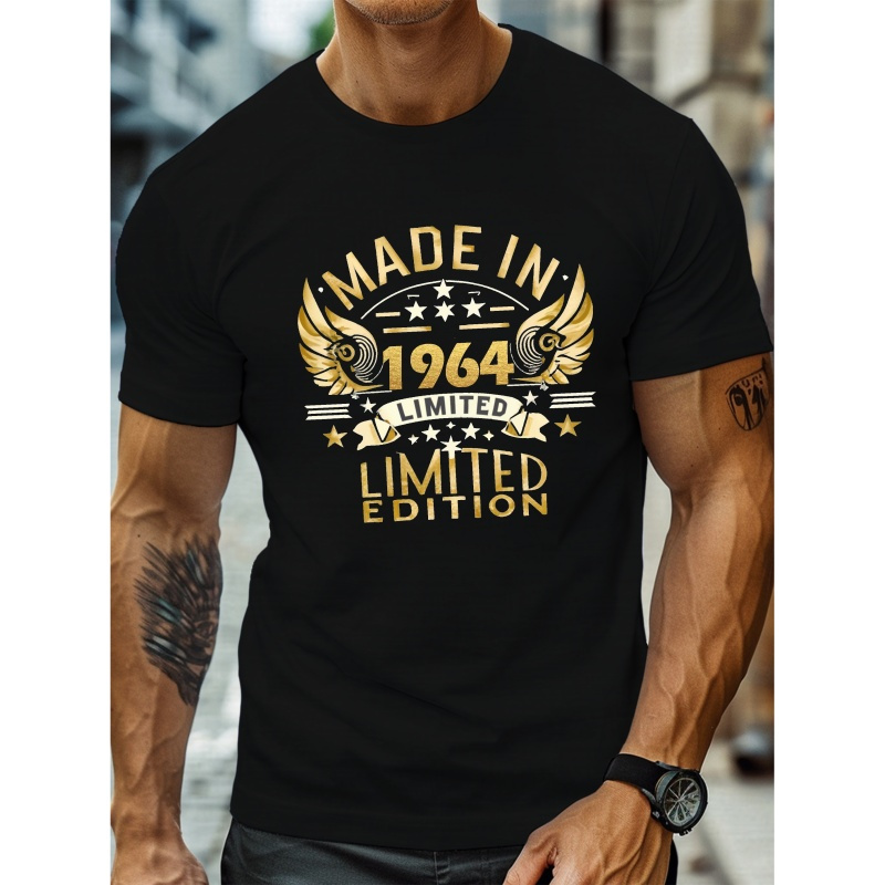 

Made In 1964 Print Short Sleeved T-shirt, Casual Comfy Versatile Tee Top, Men's Everyday Spring/summer Clothing