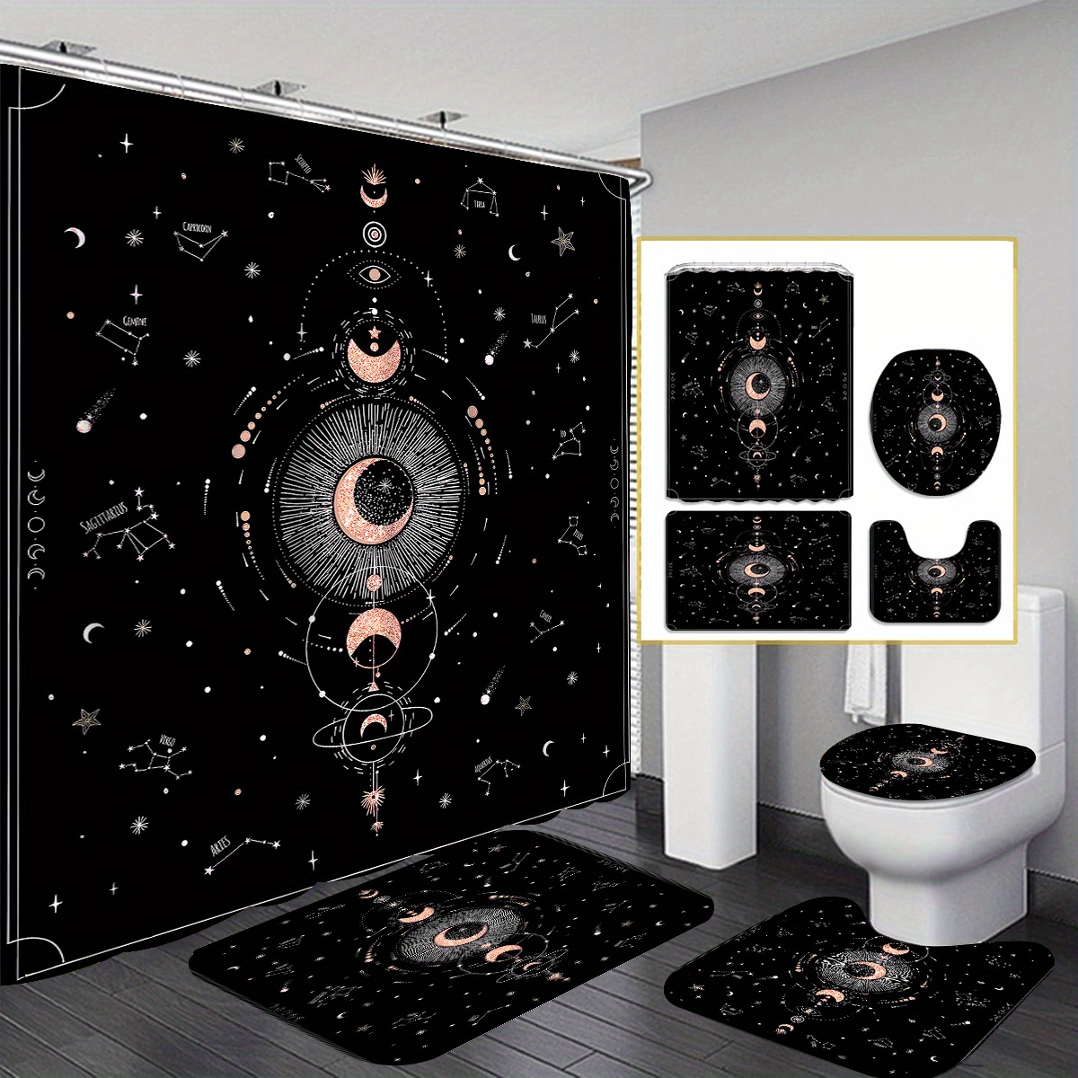 

4pcs Shower Curtain Gift Bathroom Decoration Curtain And Toilet Floor Mat 3pcs Set With 12 Shower Curtain Hooks