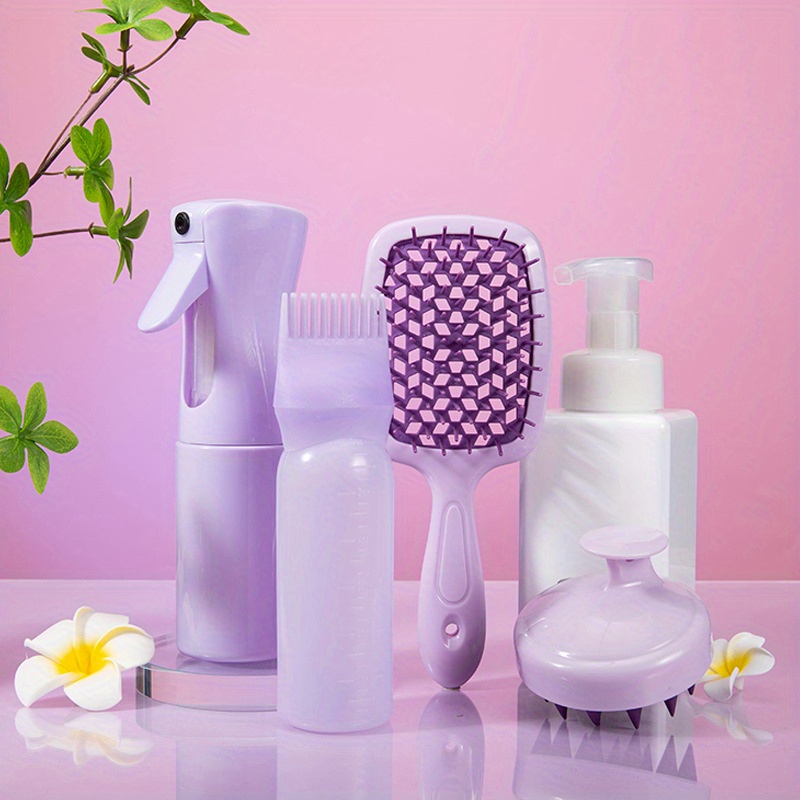 

4 Pcs Hair Care Set, Silicone Massage Brush, Oil Applicator Bottle, Air-cushioned Detangling Comb, Hollow Design, Hair Dyeing And Cleaning Kit, Purple Salon Accessories