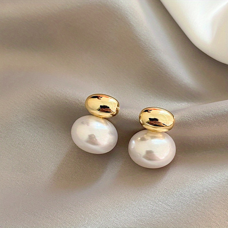 

1pair Metal Style Simple Elliptical Pearl Imitation Stud Earrings For Women's Elegant And Luxurious Drop Earrings, A Jewelry Suitable For Business Banquets