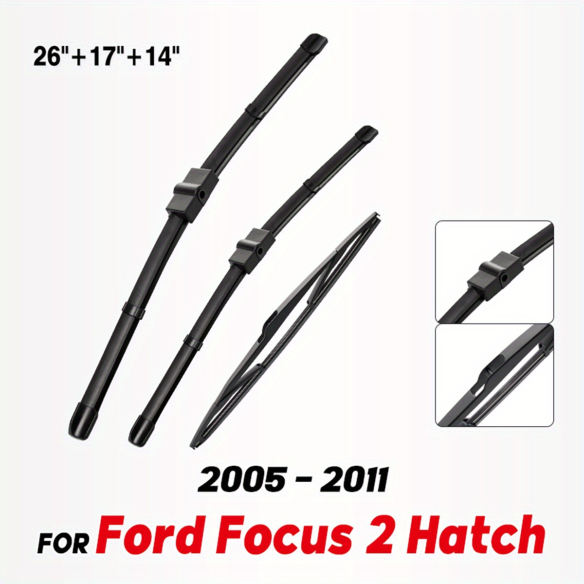 E-shop Satz von Scheibenwischerblättern für vorn und hinten für den Ford Focus 2 Hatch von 2005 bis 2011, inklusive Windschutzscheibenbürsten mit den