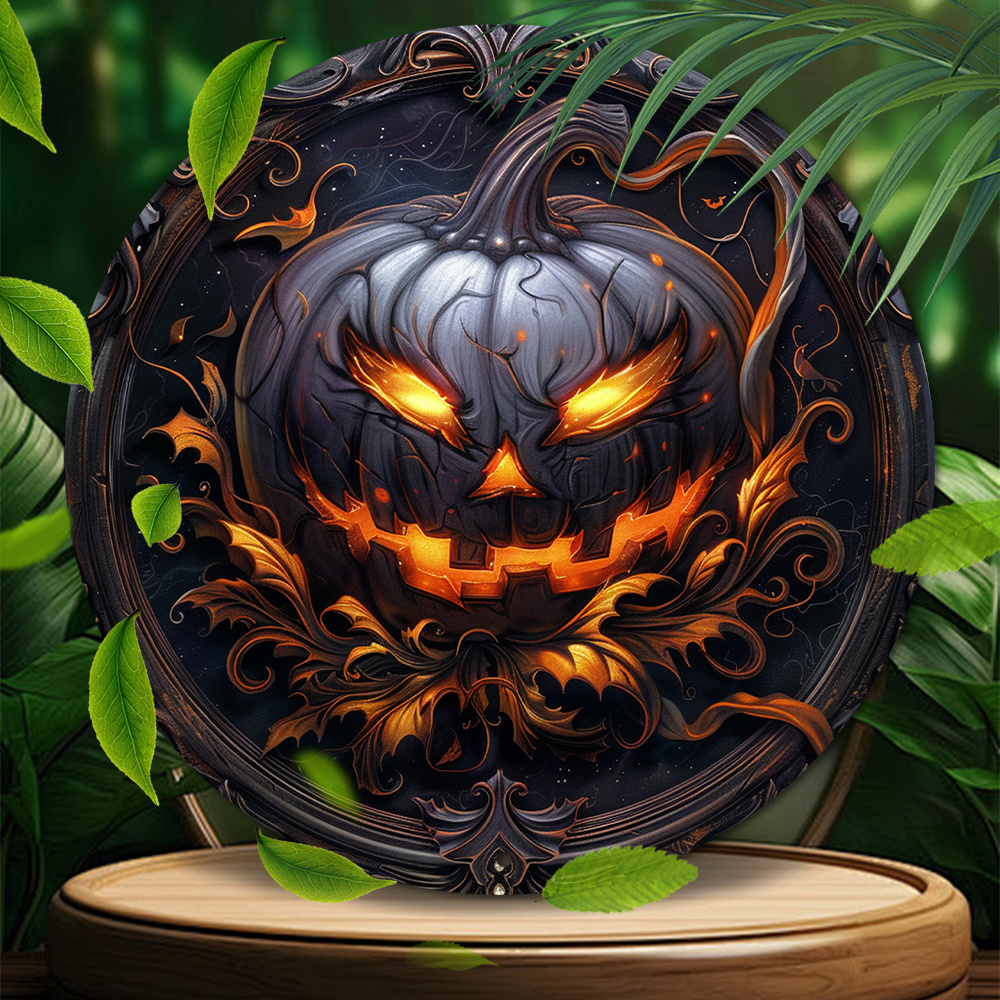 

8" Aluminum Halloween Jack-o'-lantern Metal Sign, Durable Art Decor With 3d Effect For Garden, Bedroom, Garage - Pumpkin Theme Decoration And Gift