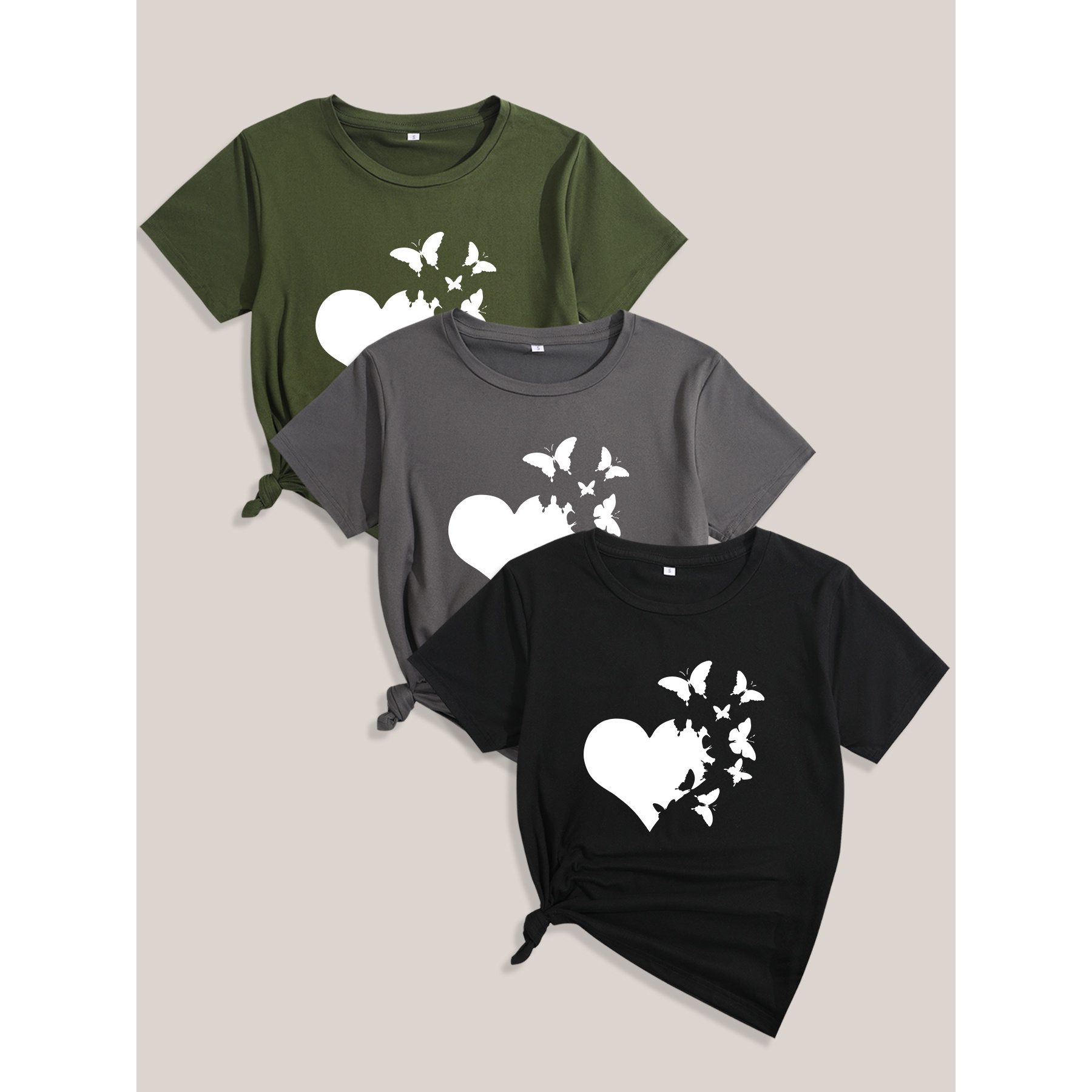 

3 Pack Heart Print T-shirt, Short Sleeve Crew Neck Casual Top For Summer & Spring, Women's Clothing