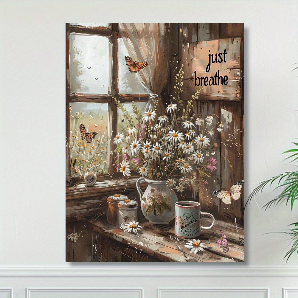 

Rustic Farmhouse Wildflowers Canvas Print - 1pc Unframed Vintage Art, Inspirational 'just Breathe' Quote, Country Style Decor For Living Room, Studio, Hallway - Durable Canvas Material, 12x16inch