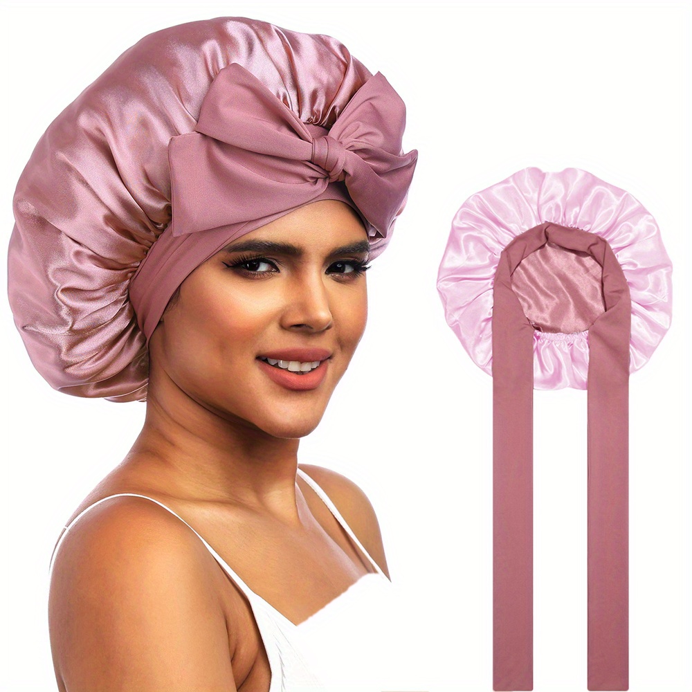 

Double-layered Satin Bonnet With Elastic Band And Drawstring, Contrast Color, Reversible, Adjustable Sleeping Cap, Beauty Makeup Headwrap, Wide-brimmed Shower Cap For Women