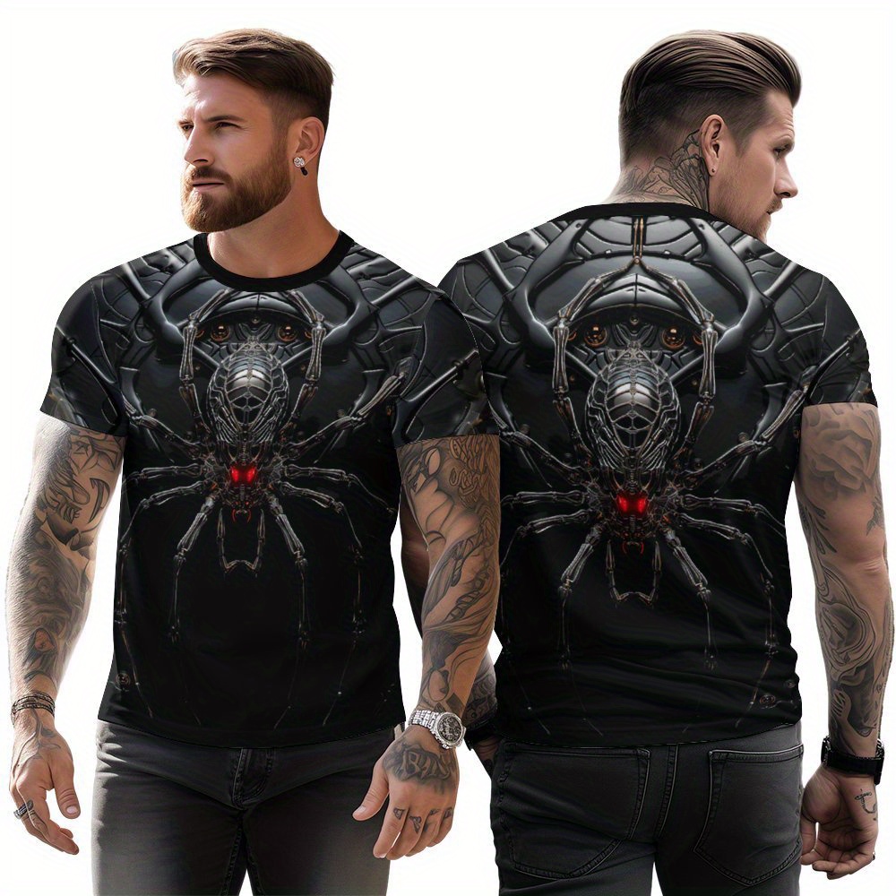 

3d Spider Print T-shirt, Men's Comfy Short Sleeve Crew Neck Tee, Men's Clothing For Summer Outdoor Activity