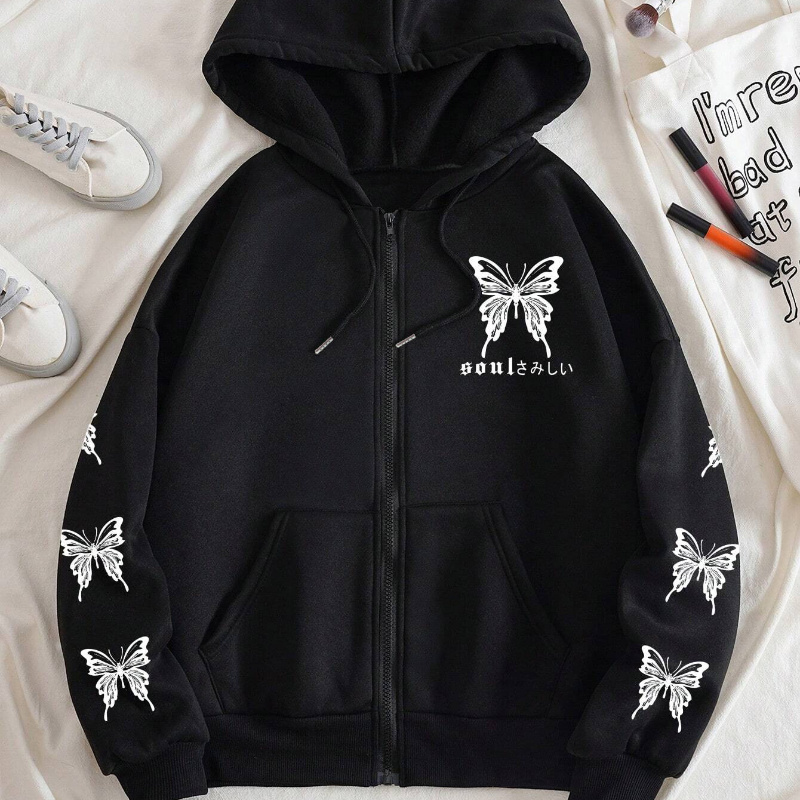 

Print Kangaroo Pocket Hoodie, Casual Zipper Long Sleeve Drawstring Hoodies Sweatshirt, Women's Clothing