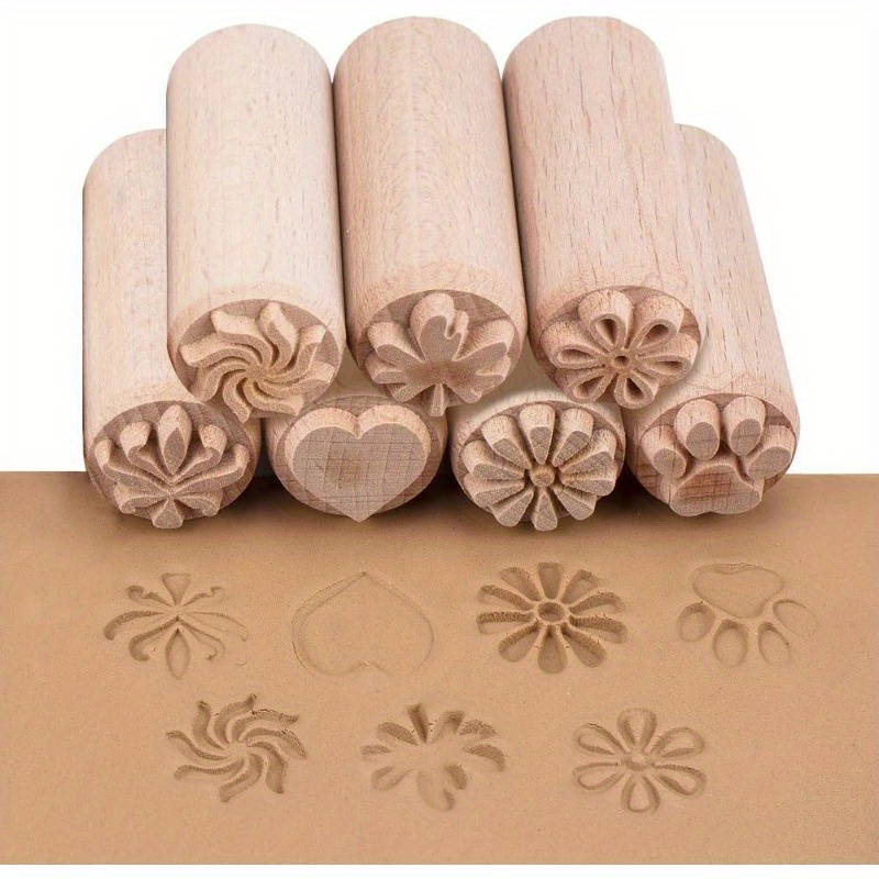 

7pcs Wooden Pottery Stamp Set With Mixed Patterns - Round Clay & Ceramic Tools For Crafting