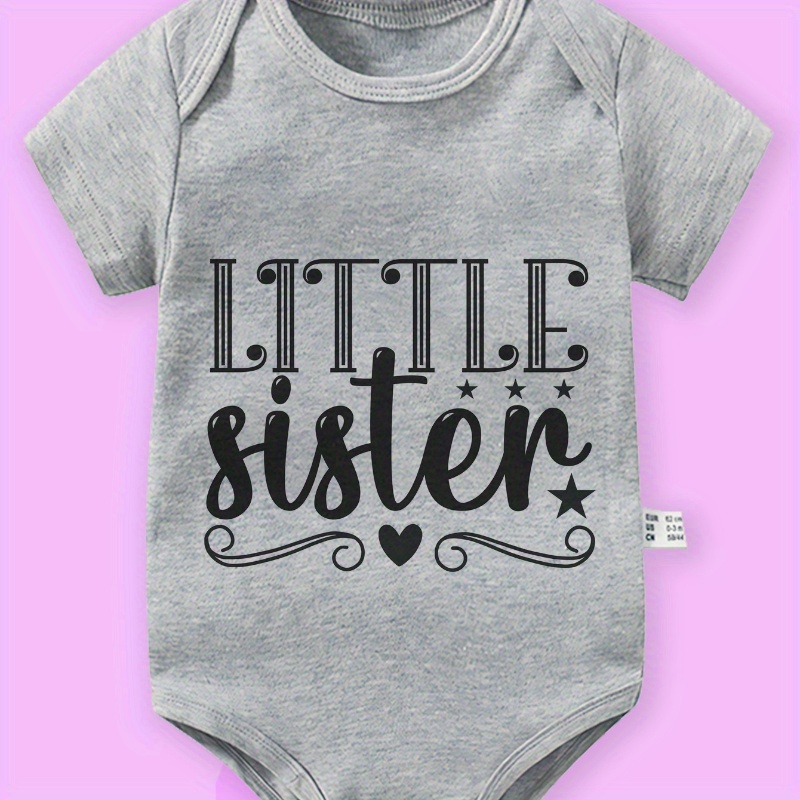 

little Sister" Letter Print Short Sleeve Cotton Bodysuit For Newborn Girls, Baby Girls' Comfortable Summer Clothing