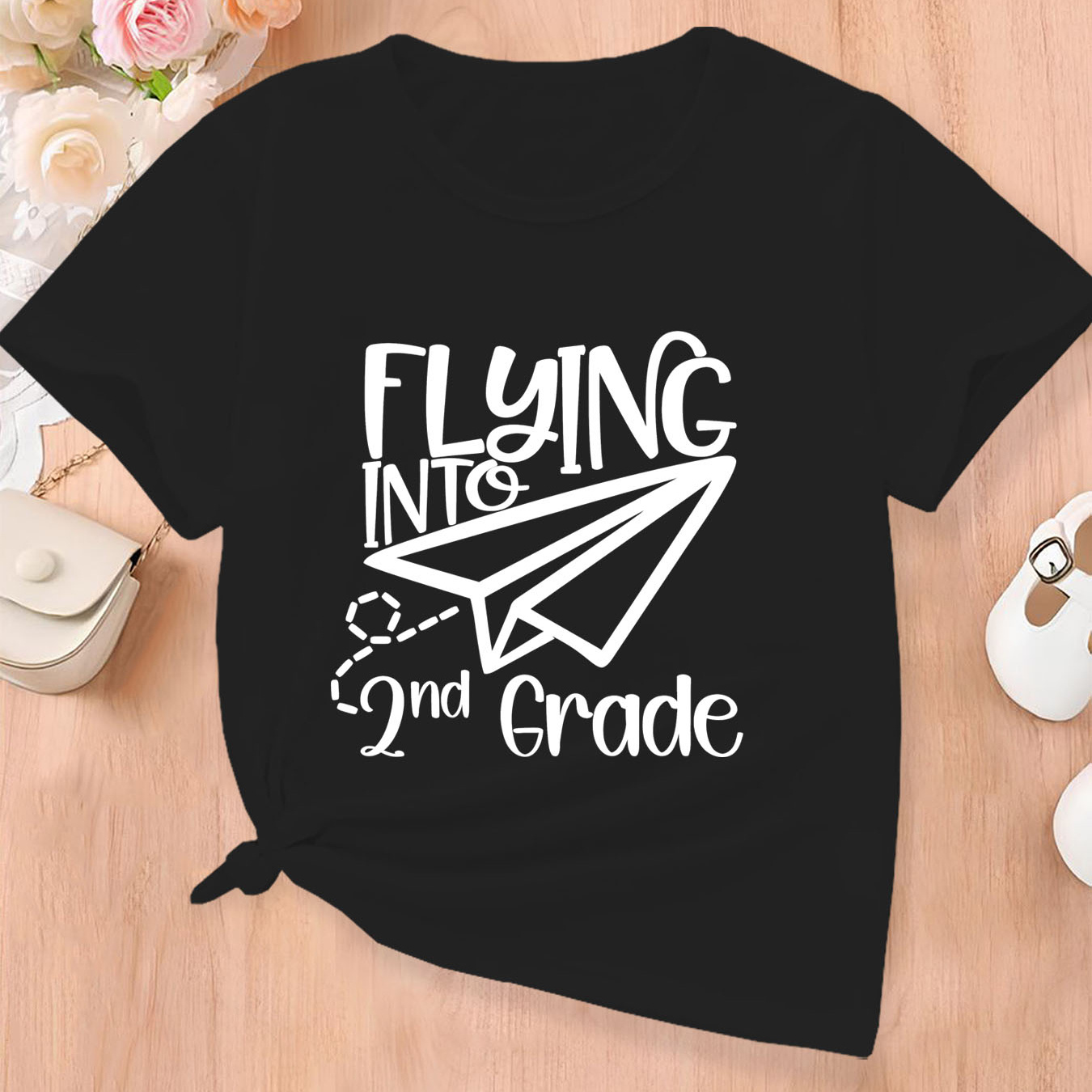 

flying Into 2nd Grade" Letter & Graphic Print Creative T-shirts, Soft & Elastic Comfy Crew Neck Short Sleeve Tee, Girls' Summer Tops