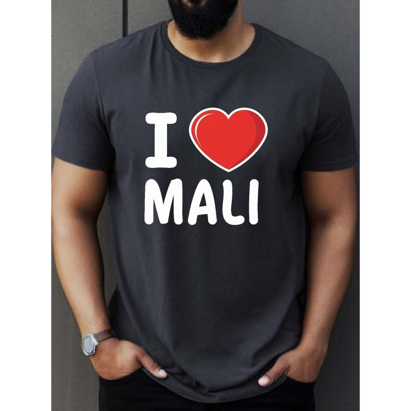 

Love Mali Pattern Print Men's Crew Neck Short Sleeve Tees, Casual T-shirt, Summer Slight Stretch Comfortable & Breathable Top For Everyday Wear