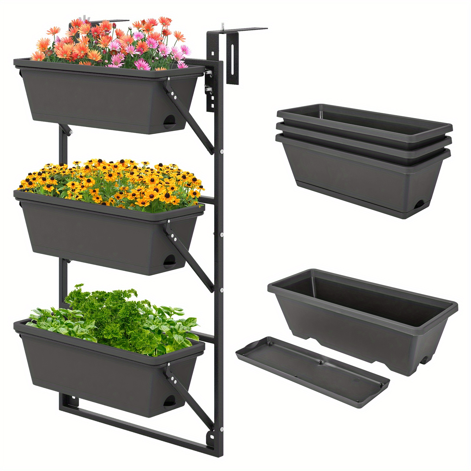 

Hanging Vertical Planter With 3 Planter Boxes & Detachable Hooks For Flowers