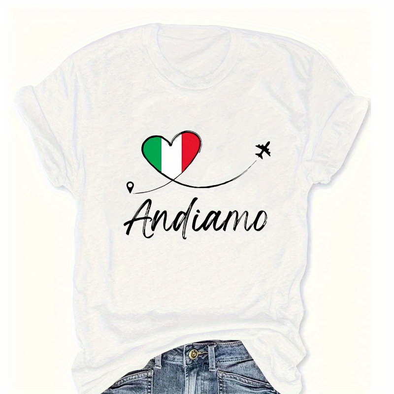 

1pc Italian Love Heart & Airplane Graphic Tee, Women's Casual Crew Neck Short Sleeve T-shirt, 100% Polyester Knit Fabric, Fashion Top