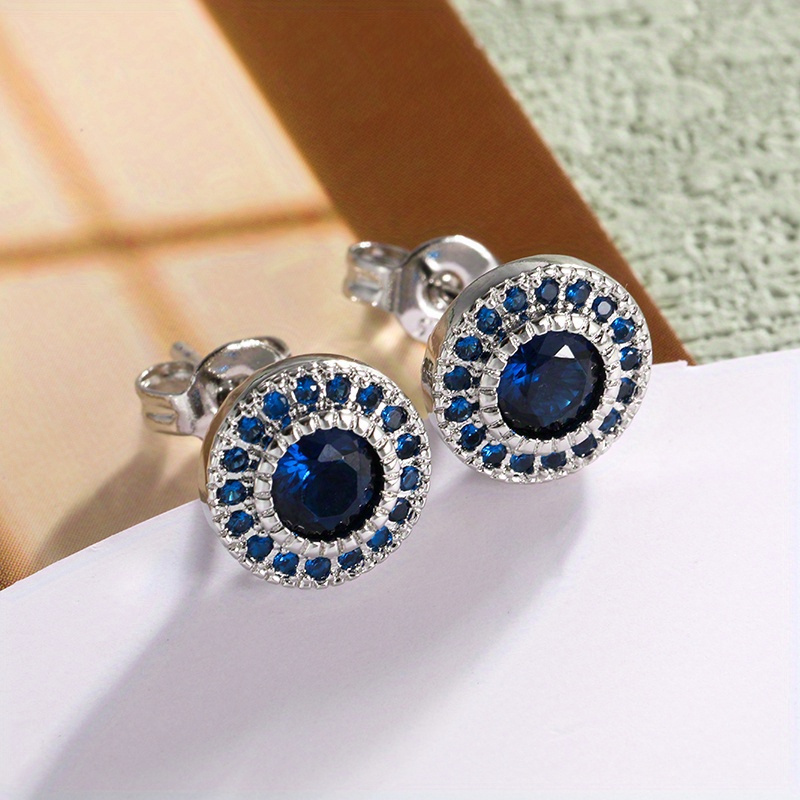 

2pcs/pair Shiny Elegant Earrings Adorned With Sparkling Round Blue Zircon Studded Earrings For Women's