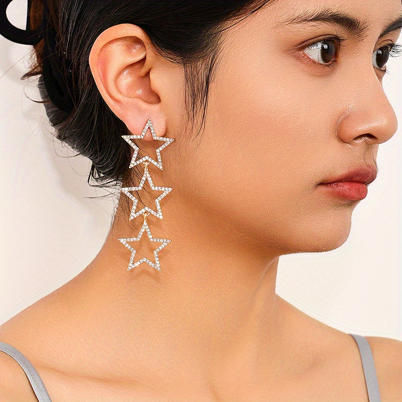 

Vintage Elegant Alloy Star Drop Dangle Earrings With Stainless Steel Ear Needle, Sparkling Rhinestone Star Tassel Earrings For Women, Fashionable Jewelry For Daily And Gift Giving Occasions - Pair