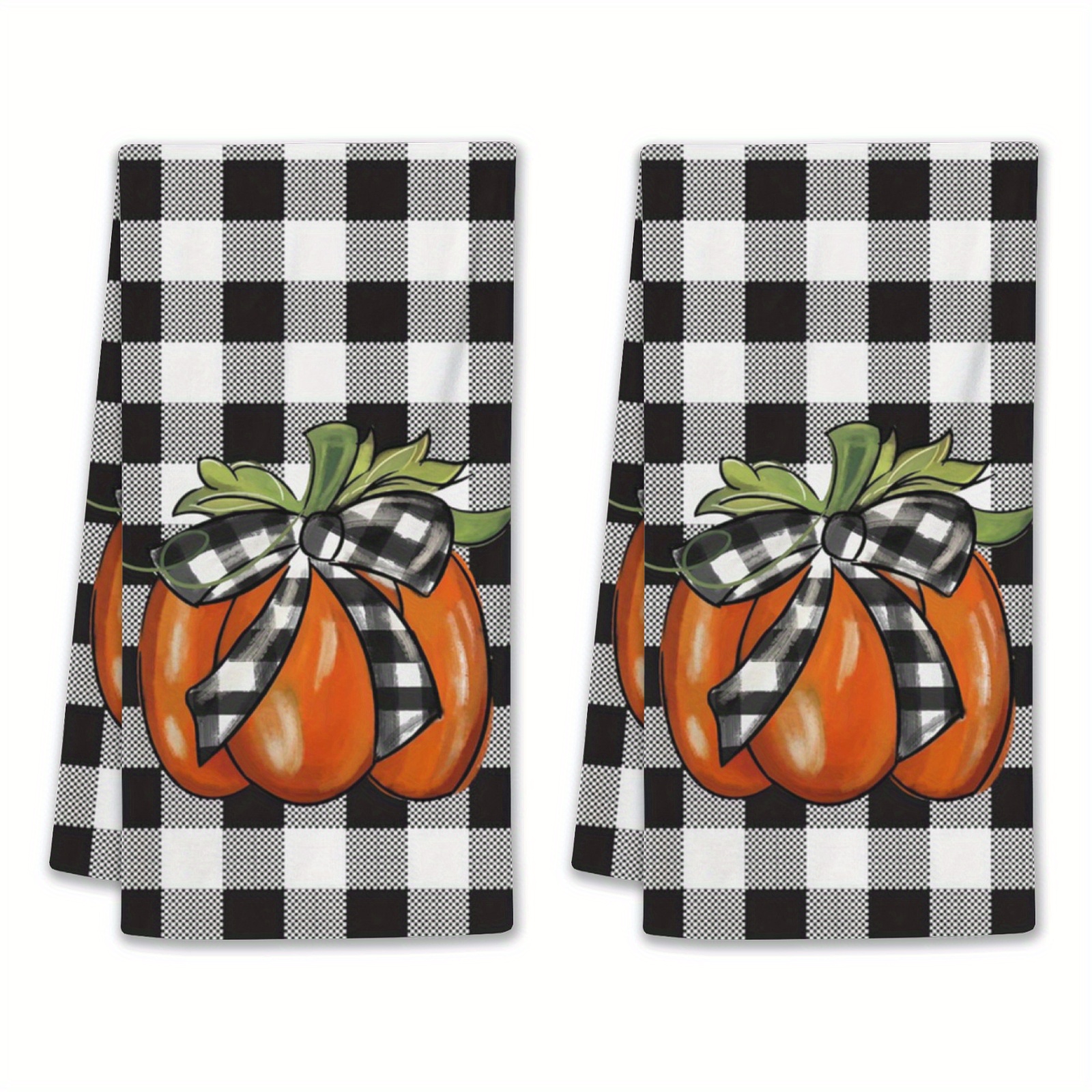 

2pcs, Kitchen Towels Set, Polyester, Buffalo Plaid With Pumpkin Design, Super Soft Terry Cloth, Farmhouse Style, Multi-use Towels For Home Decoration, Indoor & Outdoor Party Accessory