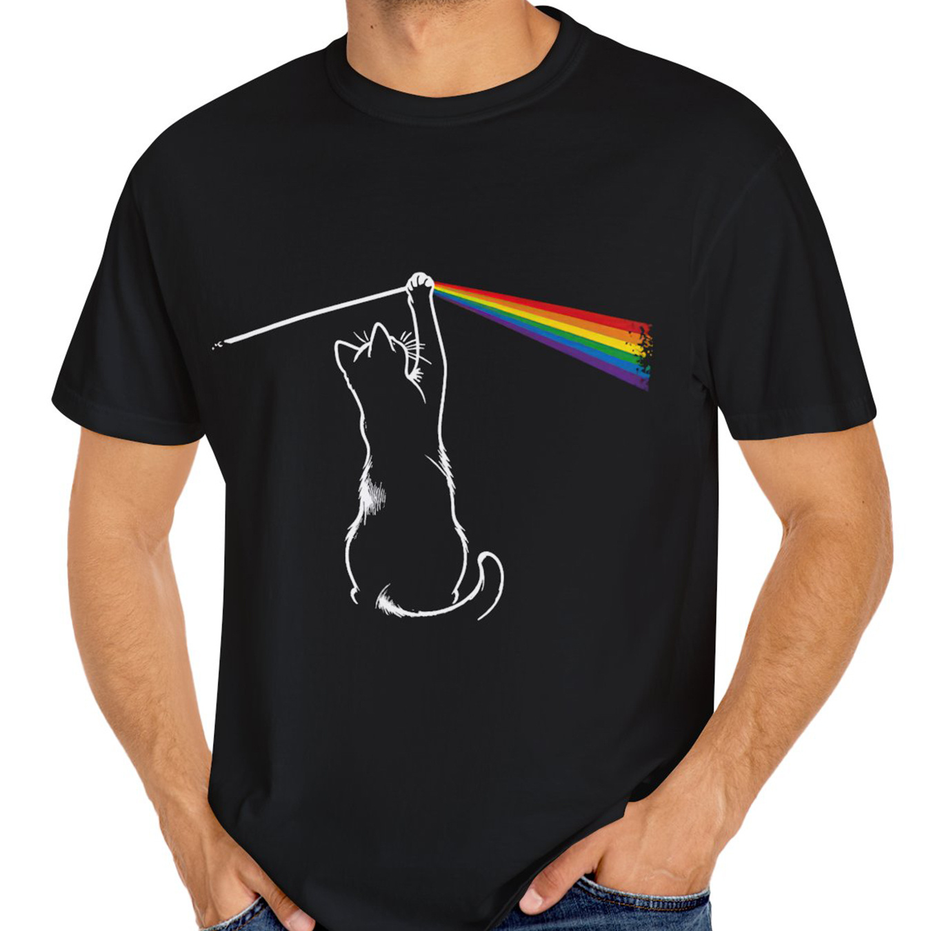 

T-shirt d'été confortable pour homme, T-shirt à manches courtes avec imprimé chat et arc-en-ciel, haut décontracté tendance pour la vie quotidienne