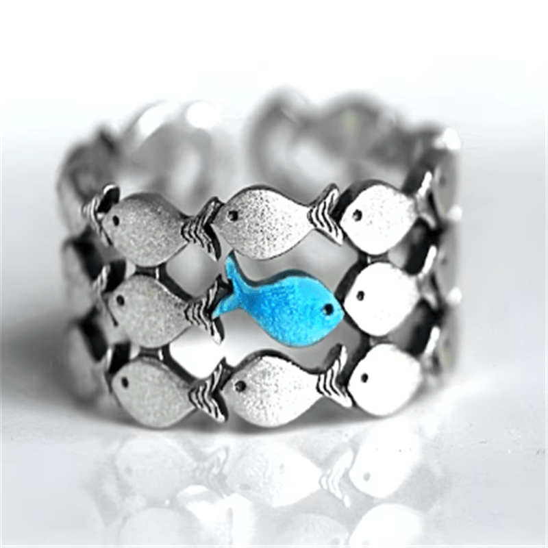 

Retro Cute Fresh Creative Fish Design Ring, 3 Layers Blue & Silvery Fish Boho Style Ring, Men's Casual Leisure Fashion Jewelry Gift