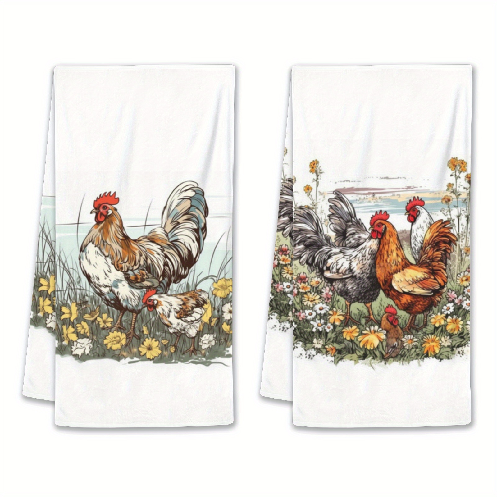 

2-piece Ultra-soft Polyester Kitchen Towels With Vibrant Watercolor Rooster Design, 18x26 Inch - Perfect For Home Decor & Parties
