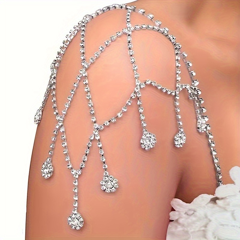 

1pc Iced Out Shiny Rhinestone Hollow Out Mesh Shoulder Chain Bridal Wedding Glamorous Accessories