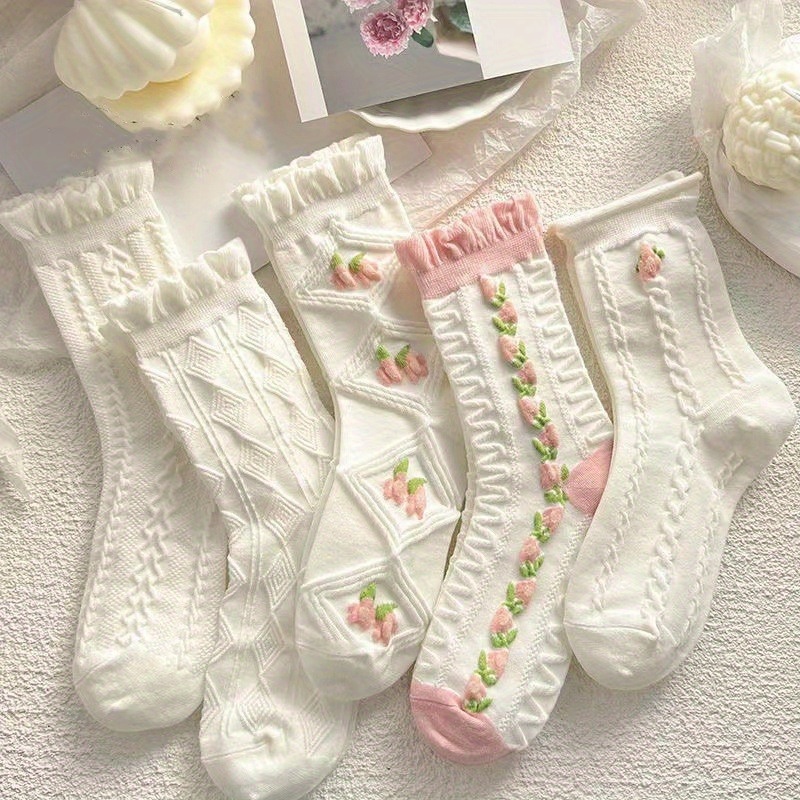 

5 Pairs Floral Pattern Socks, Sweet Japanese Style Ruffle Mid Tube Socks, Women's Stockings & Hosiery - For Fall