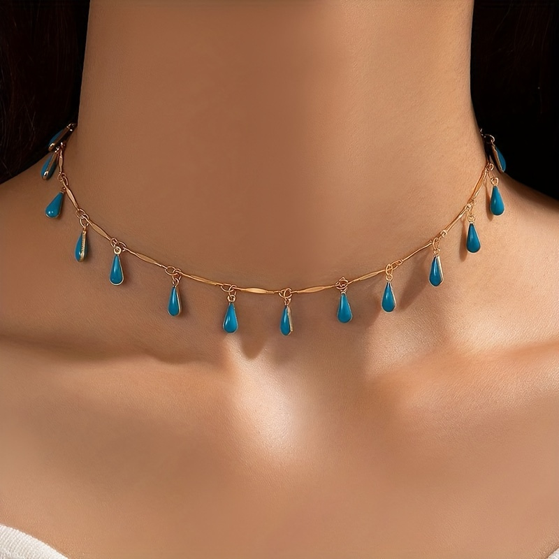 

1pc Personality Boho Teardrop Shape Synthetic Gem Pendant Necklace Clavicle Chain Short Necklace Jewelry