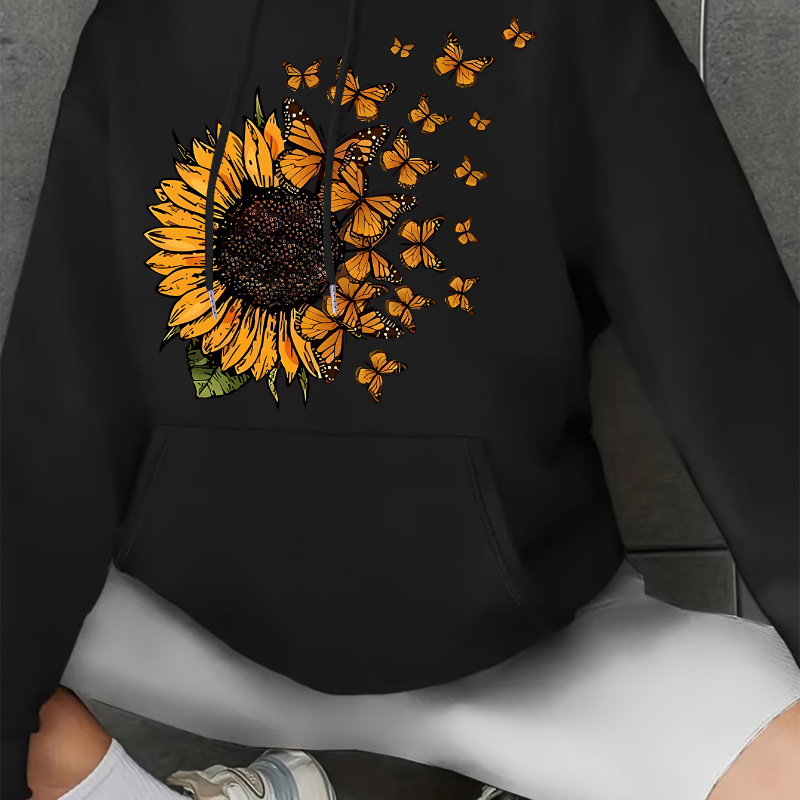 

Sunflower & Butterfly Print Kangaroo Pocket Hoodie, Casual Long Sleeve Drawstring Hooded Sweatshirt, Women's Clothing