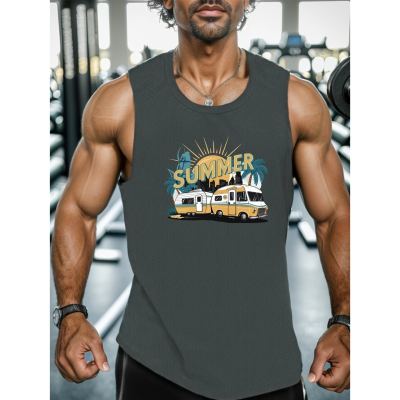 

Summer Camping Print Men's Quick Dry Moisture-wicking Breathable Tank Tops, Athletic Gym Bodybuilding Sports Sleeveless Shirts, Men's Vest For Workout Running Training Basketball Fitness