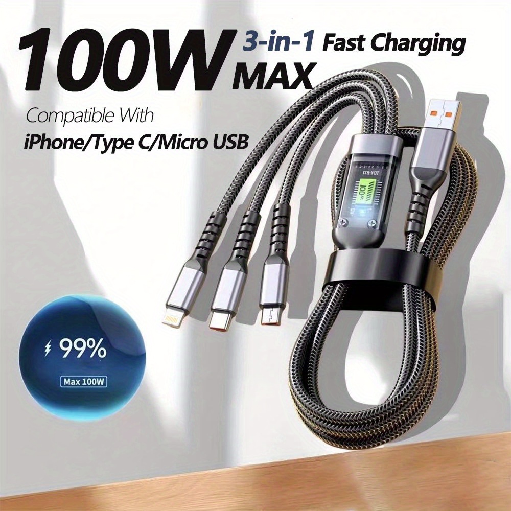 

3 In 1 Charging Cable Qc3.0 Multi Charger Cord Braided Multi Charging Cord 3 In 1 Multi Charger Cable For Iphone/type C/micro Usb Port For Cell /samsung/lg/tablets And More