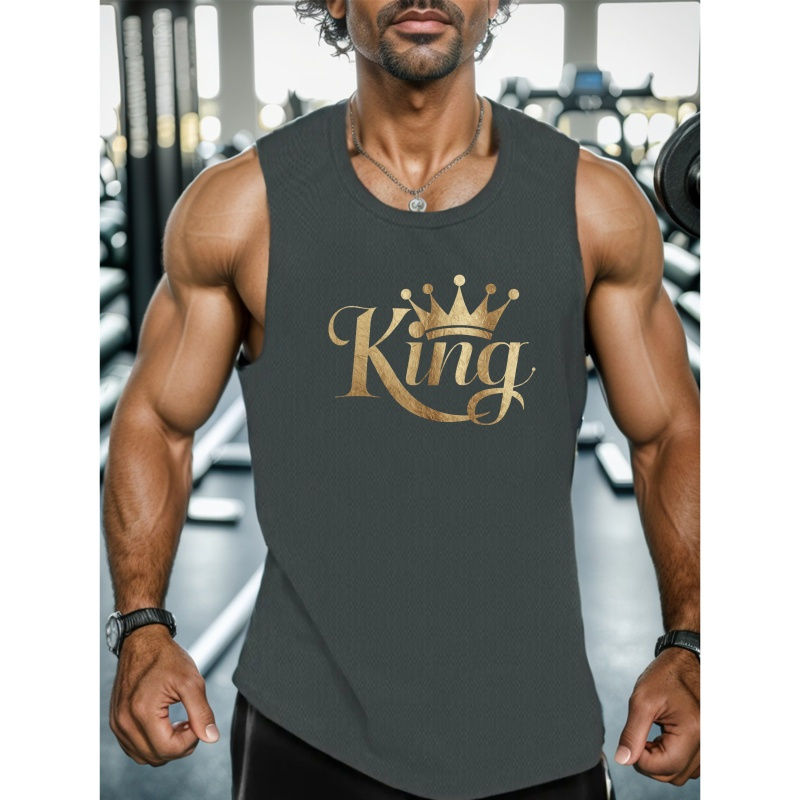 

King Crown Print Men's Quick Dry Moisture-wicking Breathable Tank Tops, Athletic Gym Bodybuilding Sports Sleeveless Shirts, Men's Vest For Workout Running Training Basketball Fitness