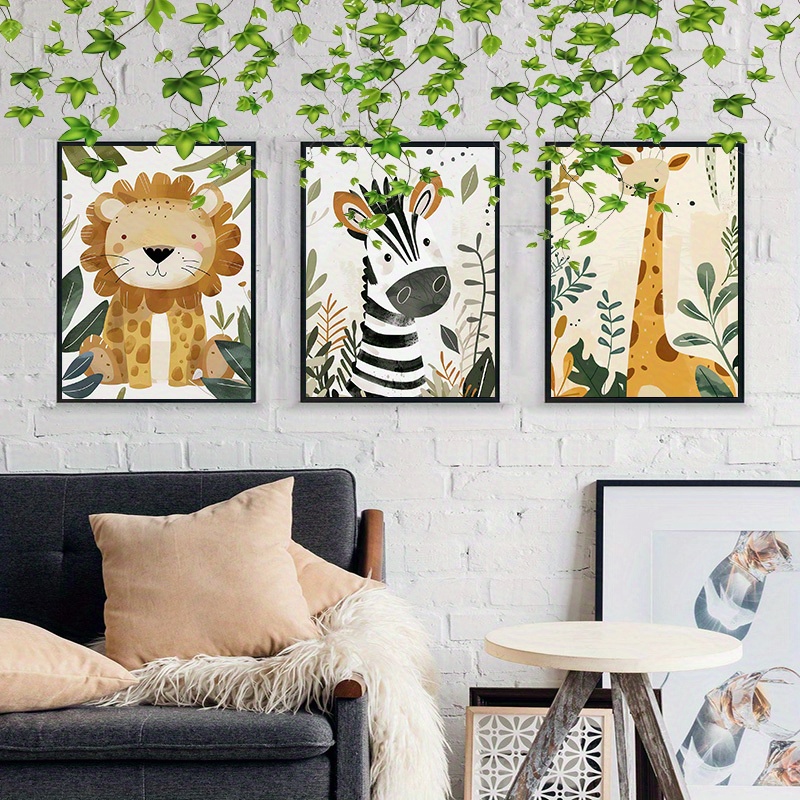 

Set Of 3 Animal Canvas Wall Art Prints - Adorable Lion, Zebra, Giraffe Nursery Posters, Frameless Rolled Cloth Wall Decor For Kids Room And Home Office, 12x18 Inches Each