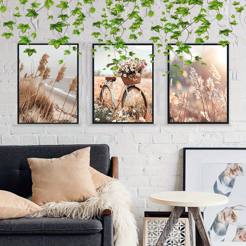 

Nordic Bike & Dandelion Canvas Wall Art Set - 3pcs, Beige, Frameless, Perfect For Living Room Or Bedroom Decor, 12x18 Inches