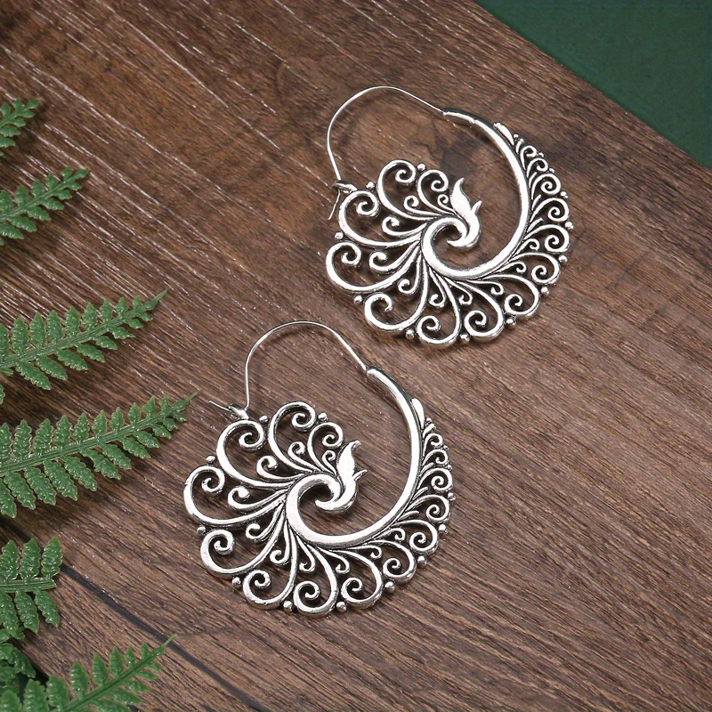 

1 Pair Timeless Peacock Carved Hoop Earrings - Intricately Detailed Metal Craftsman Art - Lightweight Boho Style Dangle Drops For Fashion-forward Women