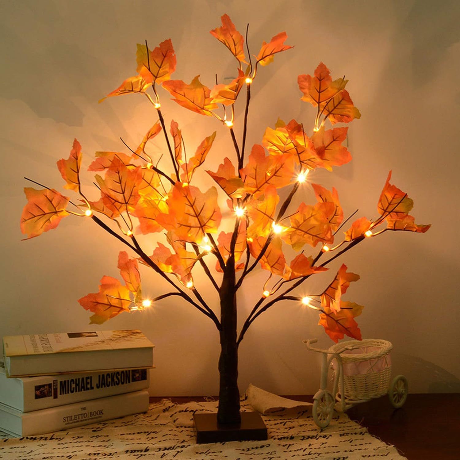 LED Artificial Fall Lighted Maple Tree - Battery Operated, Tabletop, Indoor/Outdoor Decor for Party, Autumn Harvest, Home Decor, Festive Gift Idea_voghion.com